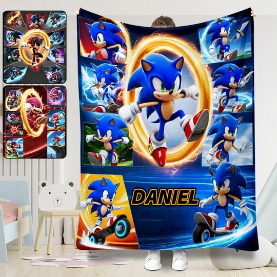 Discover Blue Hedgehog Personalized Throw Blanket, Speed Game Cartoon  Fleece Blanket