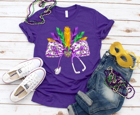 Discover Nurse Mardi Gras Stethoscope Bow Shirt, Mardi Gras Nurse Shirt