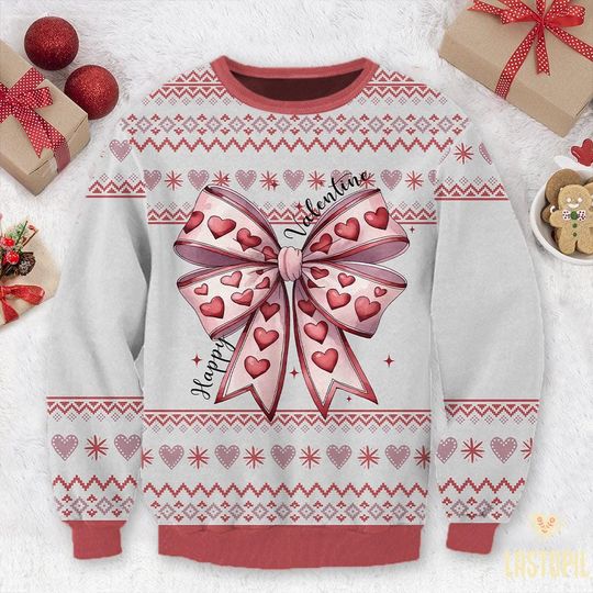 Discover Valentines Day Coquette Bow Ugly Sweater, Happy Valentines Ugly Sweater