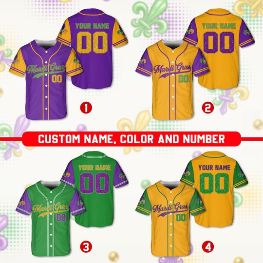 Discover Personalized Mardi Gras Glitter Baseball Jersey, Custom Name Number Baseball Jersey