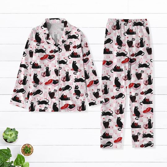 Discover Valentine Black Cat Pajamas Set, Valentine Heart Cat Pajamas
