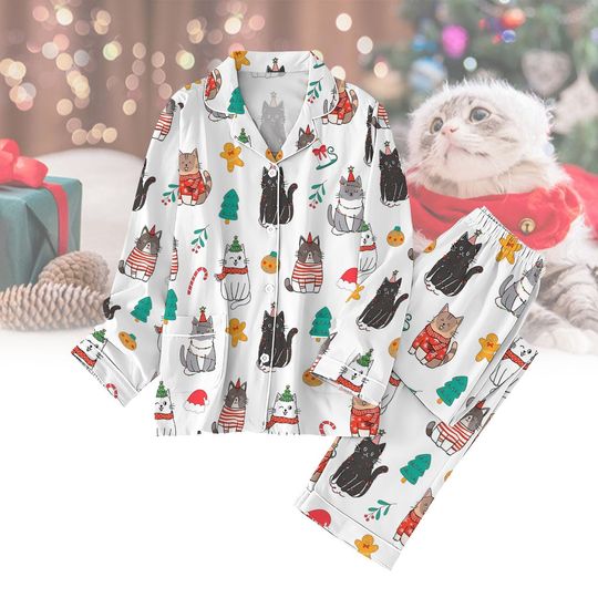 Discover Christmas Cats Matching Family Pajamas, Cats Santa Hat Holiday Party, Meowy Xmas Lounge Wear