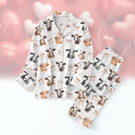 Discover Cow Bow Valentine Pajamas Set, Coquette Cow T-Shirt Pants Set, Farm Animal Holiday Pajamas
