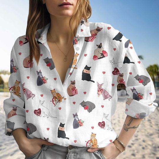 Discover Cat Valentine's Shirt, Cute Cat Hearts Shirt, Black Cat Valentines Day Gift, Meowy Valentine Women Blouses Shirt