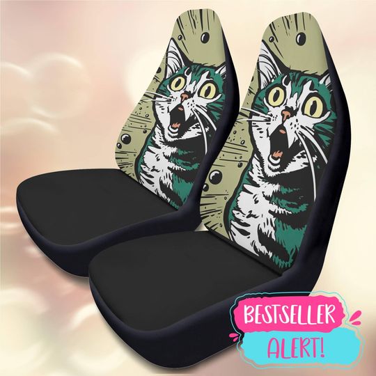 Discover Funny Cat Car Seat Covers, Set of 2, Shocked Cat Illustration