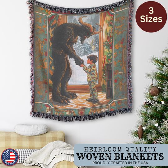 Discover Krampus Decor Woven Blanket - Vintage Style Color Drawing Horror Theme Throw