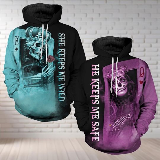 Discover Custom Skull Hoodie For Couple, She Keeps Me Wild He Keeps Me Safe Matching 3D Hoodie