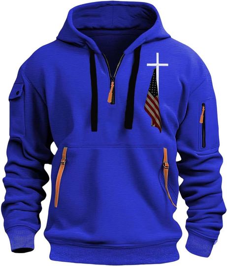 Discover Mens Half Zip Mock Neck Hoodies with Pocket USA Flag Tactical Hooded