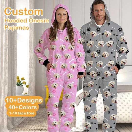 Discover Customize Unisex Pajamas, Custom Pajamas with Picture, Personalized Zipper One-Piece Pajamas with Photo