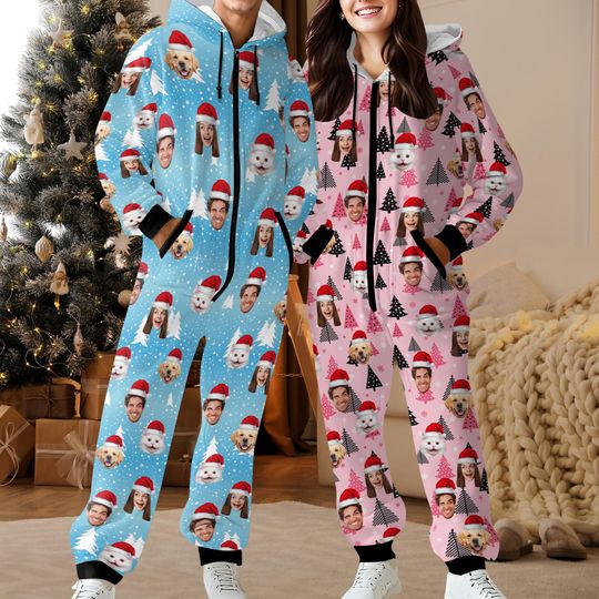 Discover Custom Onesie Pajamas,Personalized Face Photo Flannel Fleece Adult Pajamas,Family Christmas Pajamas