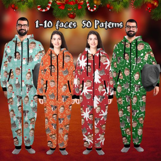 Discover Custom Pajamas, Personalized Zipper One-Piece Pajamas With Face, Custom Christmas Pajamas