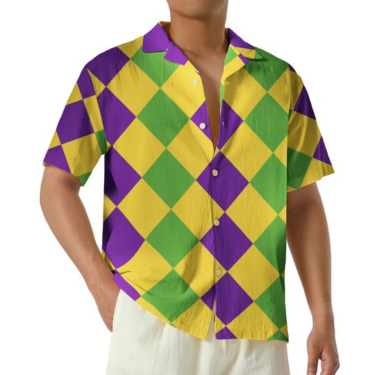 Discover Purple Green Gold Harlequin Pattern Hawaiian Shirt