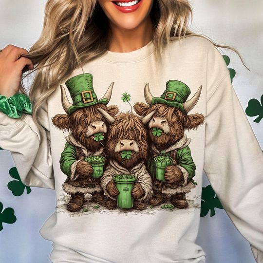 Discover Highland cow Coquette bow St Patrick's Day Sweatshirts, Coquette western St Patty's Day Sweatshirts