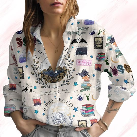 Discover Velaris Valentine Linen Shirt, City Of Starlight Shirt For Women, Thorns And Rose Long Sleeve Shirt