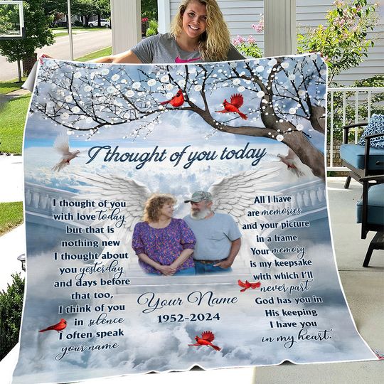 Discover Memorial Custom Photo Wings, I Thought Of You Today Personalized Fleece Blanket