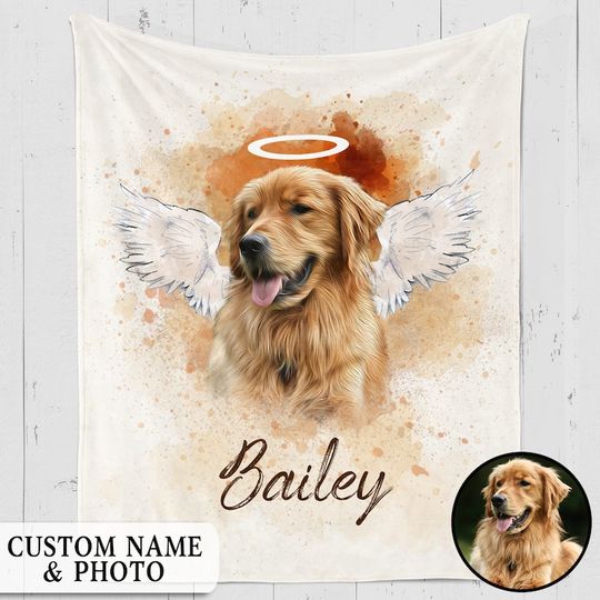 Discover Personalized Pet Memorial Photo Blanket, Pet Loss Gifts, Angel Dog With Wings Blanket