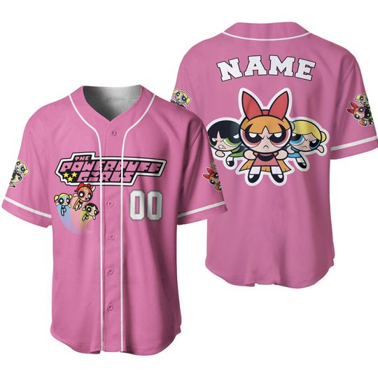 Discover Personalize Powerpuff Girl Action Pink Black Baseball Jersey, Funny Powerpuff Girls 90s Cartoons, Birthday Gift For Fans