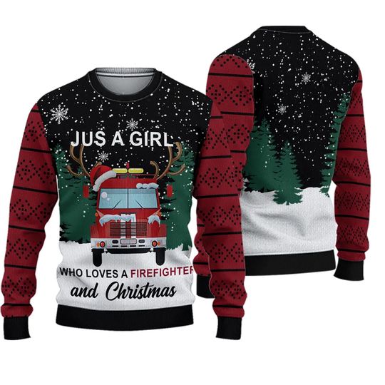 Discover 3D Just A Girl Who Loves Firefighter And Christmas Sweater