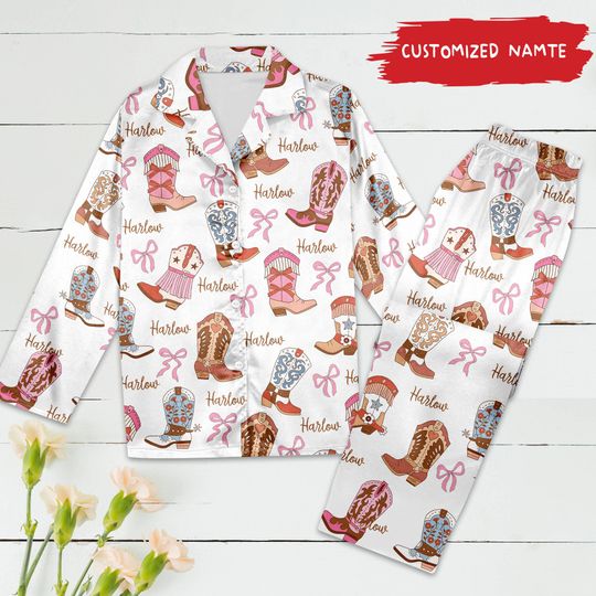 Discover Personalized Cowboy Boots Pajamas, Customized Western Satin Pajama Set