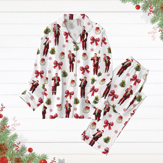 Discover Christmas Trump Dancing Pajamas Set, Trump Coquette Bow Holiday Pajamas