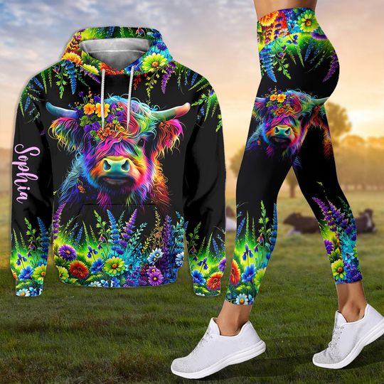 Discover Beautiful Neon Highland Cow - Personalized Highland Cow Hoodie and Leggings HL718
