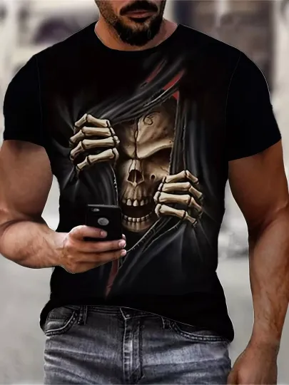 Discover Men's 3D Skull Printed T-shirt - Casual Short Sleeve, Summer Outdoor, Stretch Po