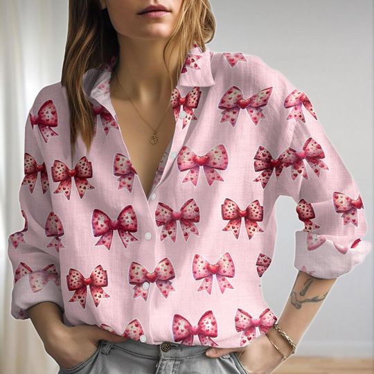 Discover Bows Valentine's Linen Shirt, Valentine's Day Coquette Bow Shirt