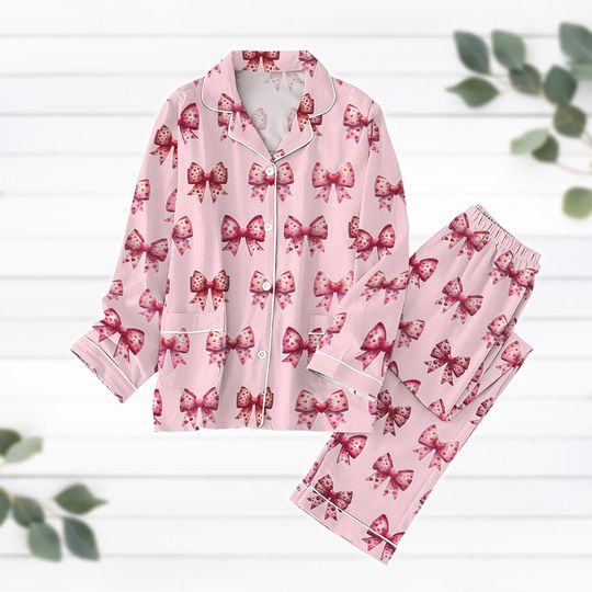 Discover Bows Valentine's Pajamas Set, Valentine's Day Coquette Bow Shirt