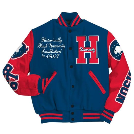 Discover Bison University Varsity Jacket, HBCU Est. 1881 Blue Red Veritas Et Utilitas Baseball Jacket