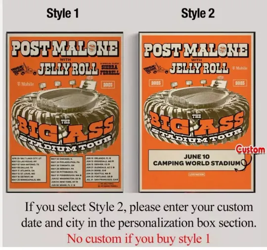 Discover Post Malone and Jelly Roll US 2025 Stadium Tour Poster Custom Date & City Poster