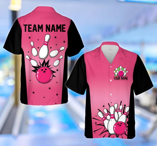 Discover Personalized Neon Bowling Hawaiian Shirt, Custom Name Bowling Team Button