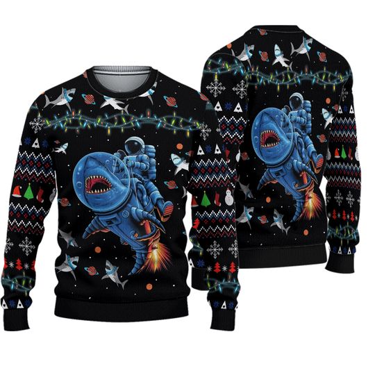 Discover New 2022 Funny Astronauts Ride A Shark In Space With The Planet Ugly Christmas Sweater