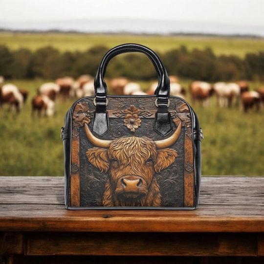Discover Shoulder Handbag, Highland Cow Design, Western Cowgirl Purse, Faux Tooled Leather Tote