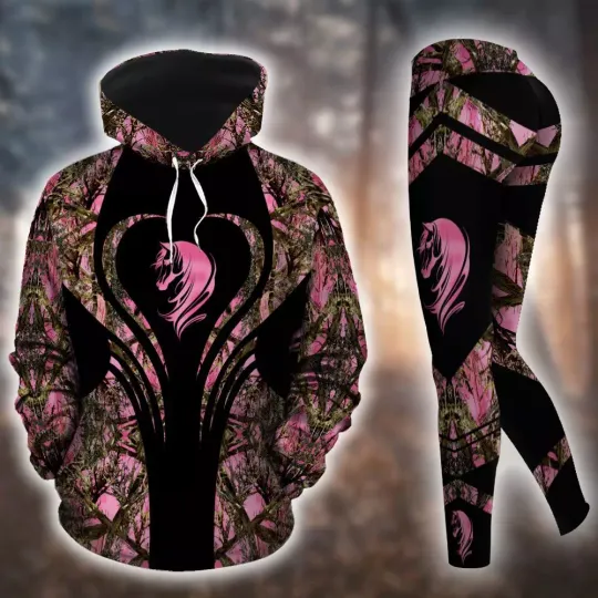 Discover Pink Camo All Over Print Leggings Hoodie Outfit For Women, Deer Hunter Winter
