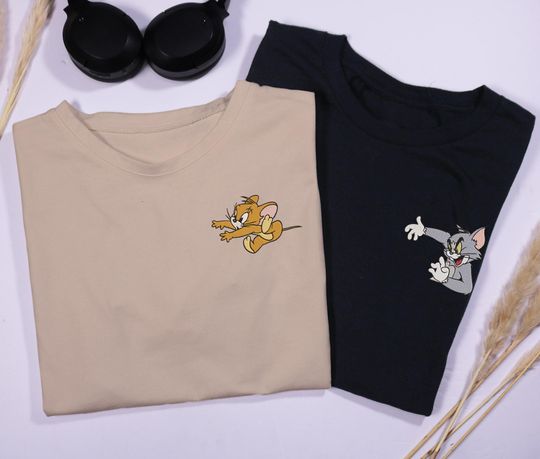 Discover Personalized Embroidered Mouse And Cat Couple T-shirt Custom Couple T-shirt Mouse And Dog Shirt Gift