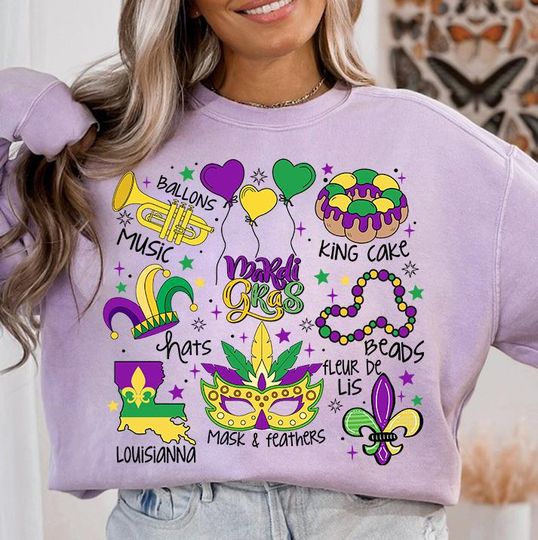 Discover Mardi Gras Coquette Sweatshirt, King Cake Mardi Gras Sweatshirt, Fleur De Lis Sweatshirt