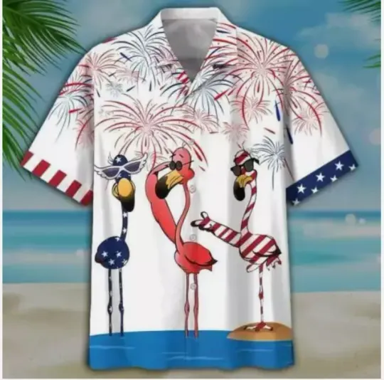 Discover Flamingo Fireworks Independence Day Is Coming 3D HAWAII SHIRT US Size Christmas