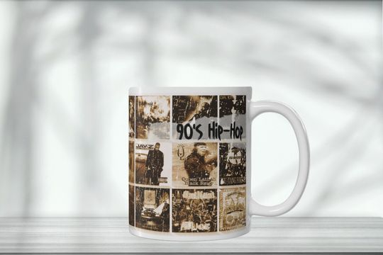 Discover Vintage 90s Hip-Hop Album Collage Coffee Mug - Classic Rap Art, Nostalgia Gift, Music