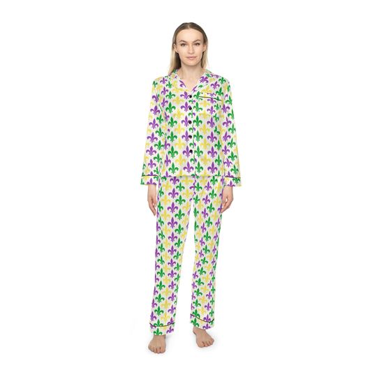 Discover Mardi Gras, Fleur de lis, Women's Satin Pajamas (AOP) Purple Green