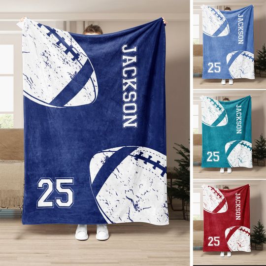 Discover Personalized Football Blanket, Custom Name Number Soft Cozy Fleece Blankets, Football Gift for Dad
