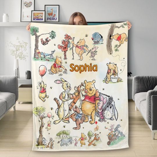 Discover Personalized Watercolor Pooh Blanket, Bear and Friends Blanket,
