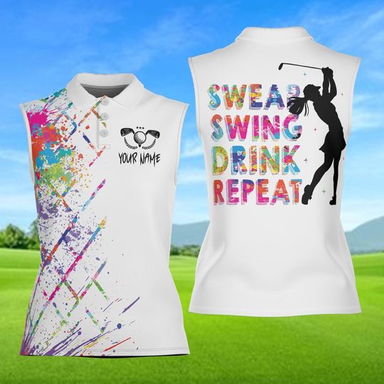 Discover Personalized Swing Swear Drink Repeat Golf Polo Shirt, Custom Name Women