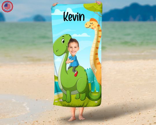 Discover Personalized Kid on Dinosaur towel/ Photo personalized face Beach Towel
