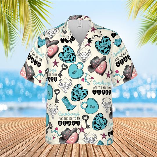 Discover Howdy Valentine Hawaiian Shirt, Cowhide Turquoise Valentine Hearts