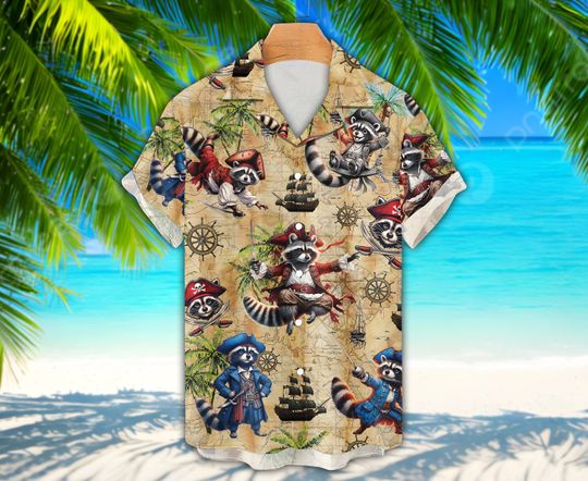 Discover Funny Racoon Pirate Treasure Map Hawaiian Shirt, Trash Panda Button Down Shirt
