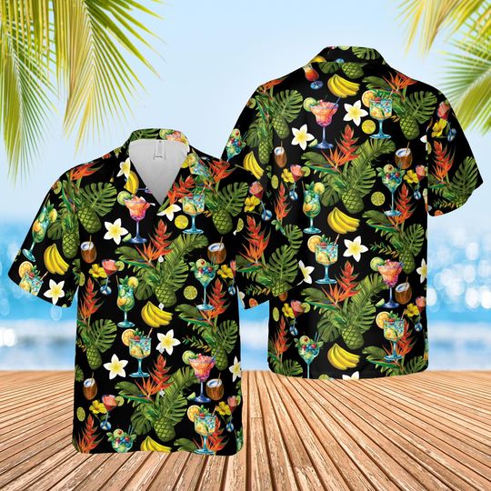 Discover Cocktails Palm Coconut Tropical Fruits Hawaiian Shirt, Tropical Summer Button Up