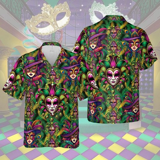 Discover Mardi Gras Jester Hawaiian Shirt, Mardi Gras Beads Mask Feathers
