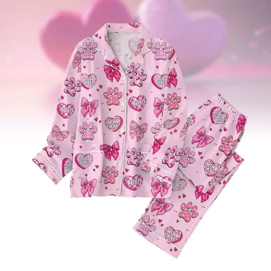 Discover Love Bites Woof Happy Valentine's Day Dog Lovers Coquette Bow Pajamas Set
