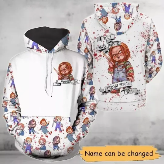 Discover Personalized Horror Chucky Rock Paper Scissors 3D Hoodie