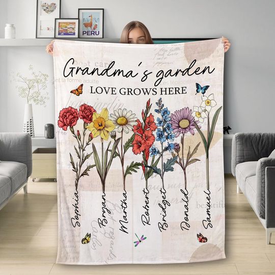 Discover Personalized Grandmas Garden Blanket, Custom Grandma Love Grows Here Blanket